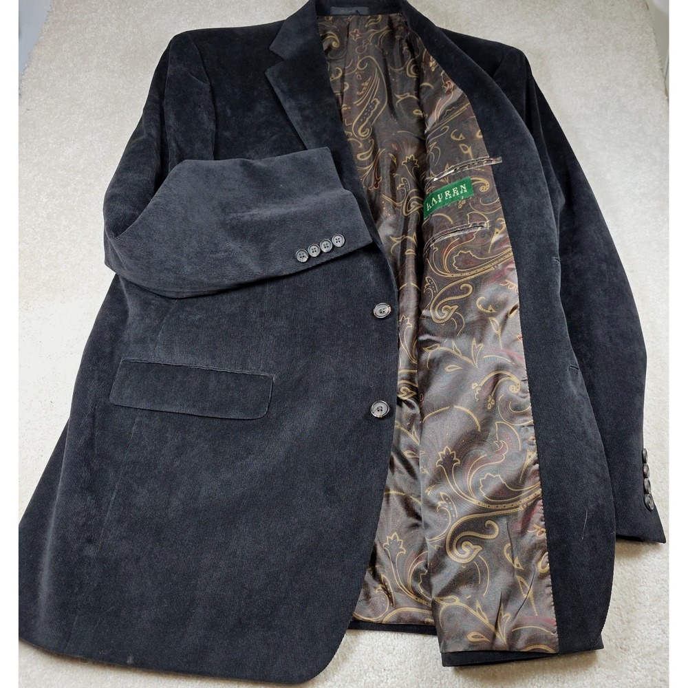 Lauren Ralph Lauren Blazer Mens 44L Black Corduroy Paisley Lining Sport Coat